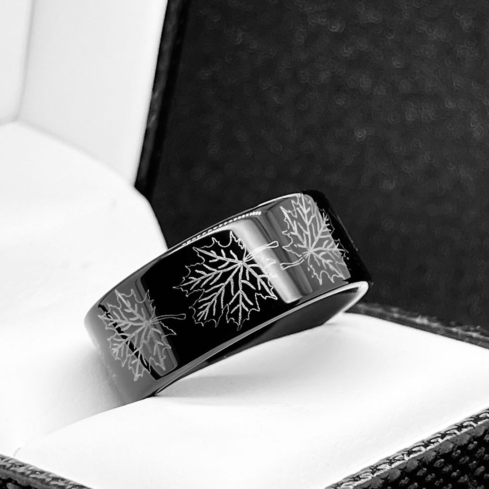 Thumbnail: Maple Leaves Pattern Engraved Black Tungsten Carbide Ring, Mens Ring, Women Ring