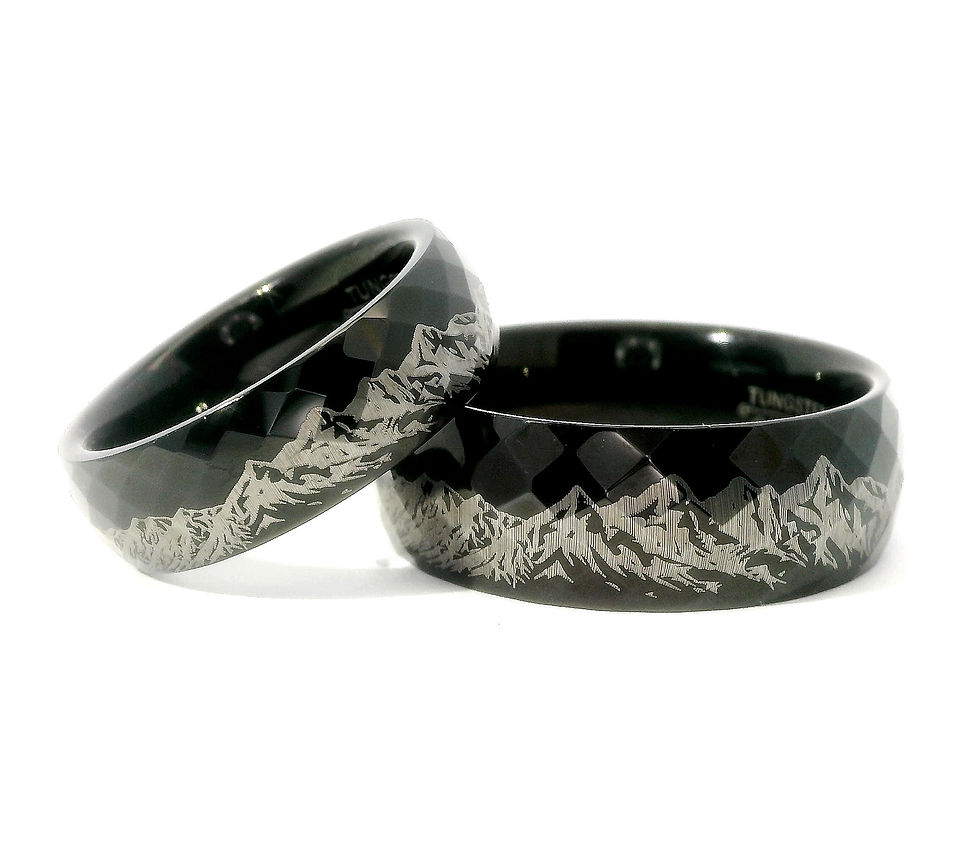 Thumbnail: Black hammered tungsten carbide ring engraved with mountains range pattern, unisex 6mm and 8mm wedding band.