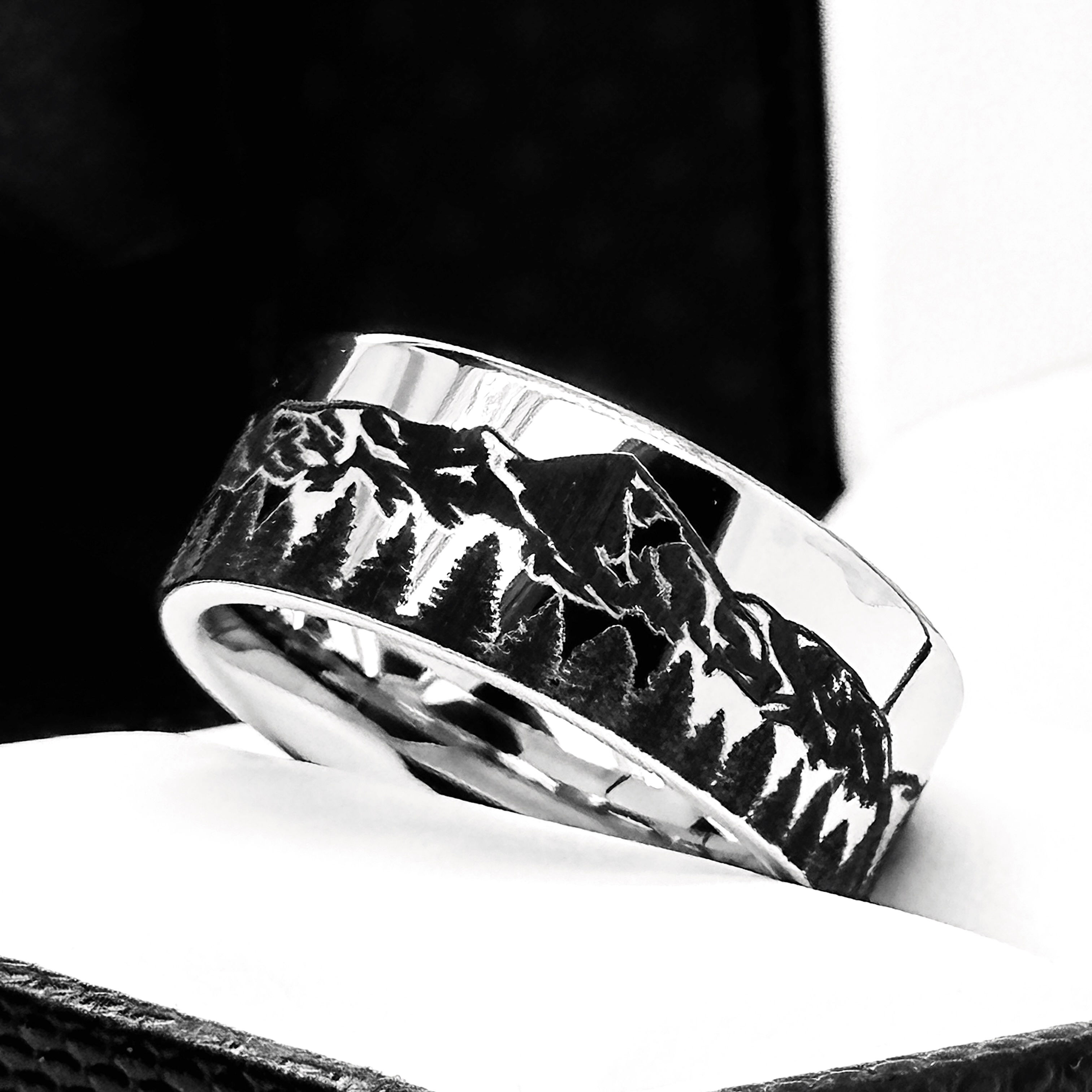 Silver Tungsten Carbide Wedding Ring featuring mountains range trees landscape pattern engraving, high polished, 8mm wide, suitable for both men and women, unisex