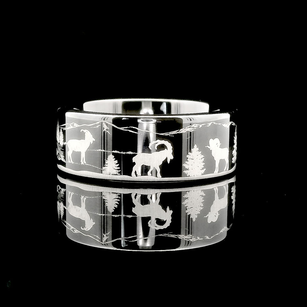 Thumbnail: Mountain Goats in Forest Pattern Engraved Black Tungsten Ring with detailed nature-inspired design, perfect for men and women