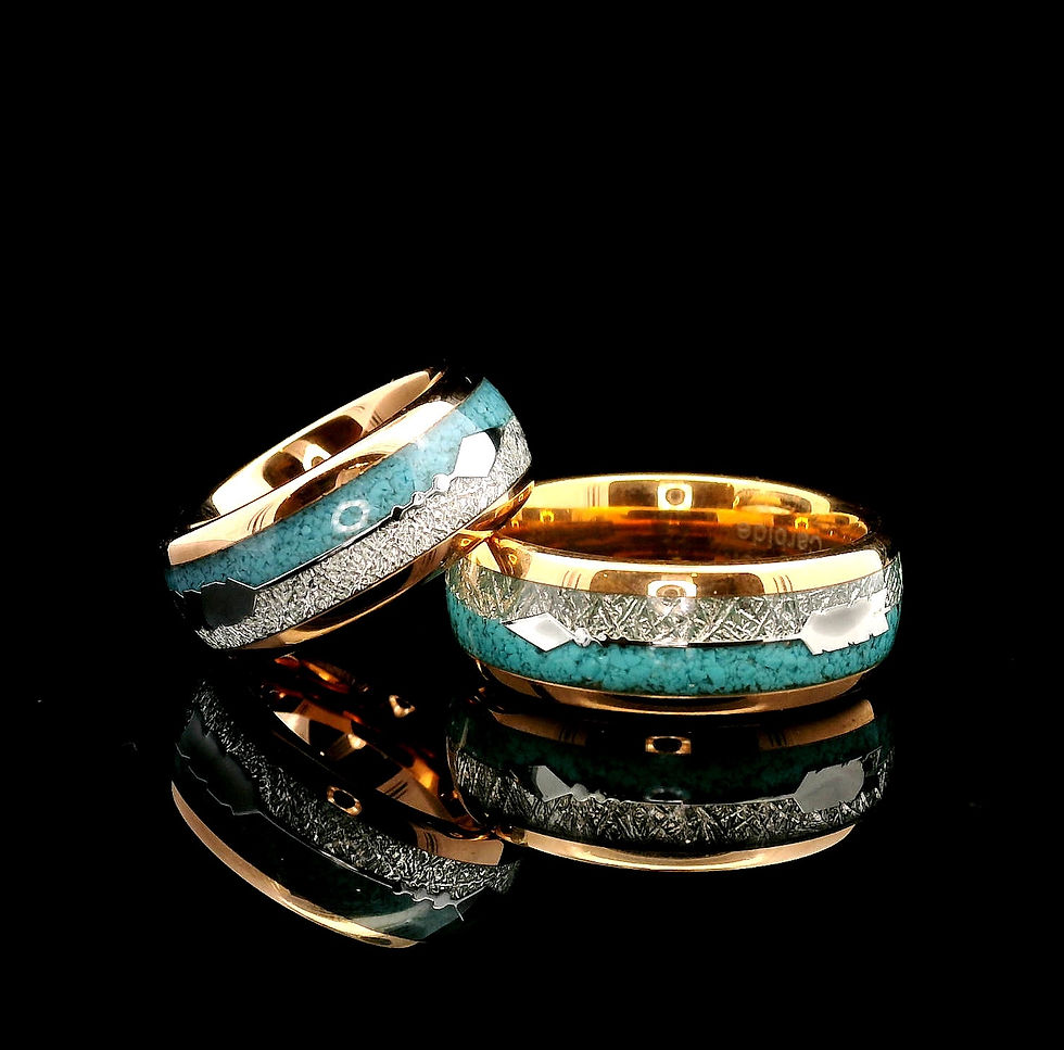 Thumbnail: Turquoise Meteorite Rose Gold Tungsten Carbide Ring, Arrow Inlay Wedding Band