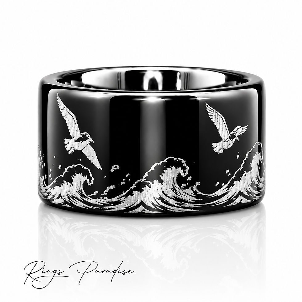 Thumbnail: mahi mahi ring black tungsten wedding band ocean wave engraving