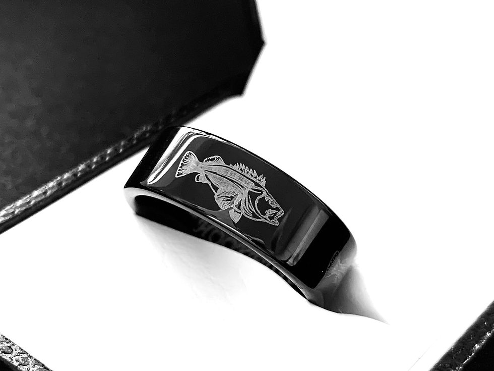 Fish Ring, Mens Wedding Band, Bass Fish Custom Laser Engraved Ring