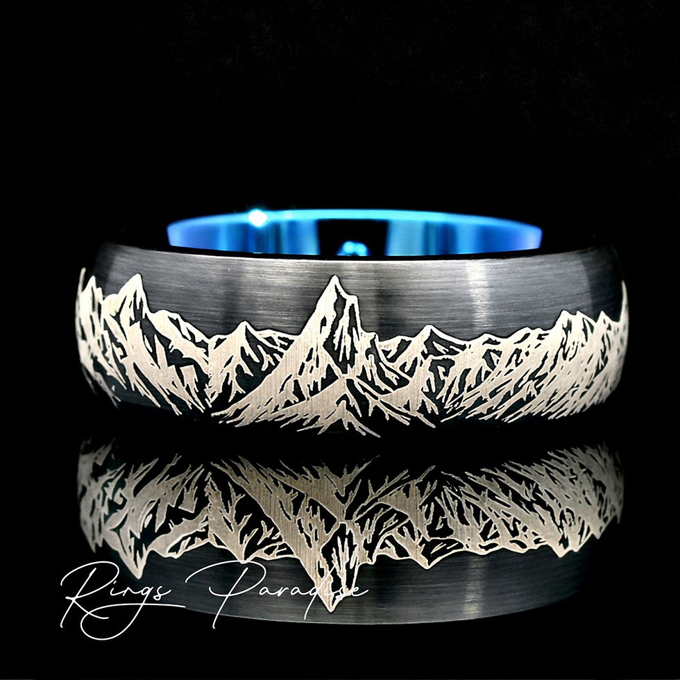 Thumbnail: Black and blue tungsten wedding band engraved with a mountain range, durable and stylish.