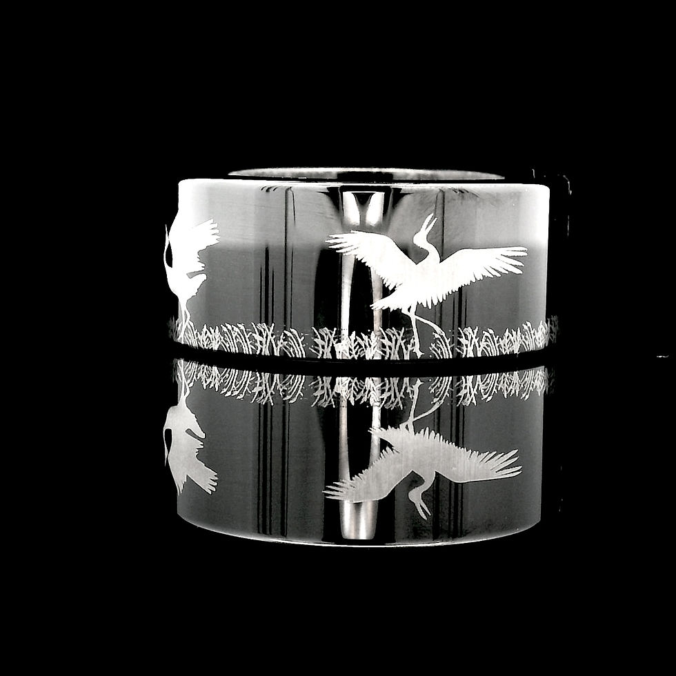 Thumbnail: black tungsten crane wedding band with bird engraving pattern
