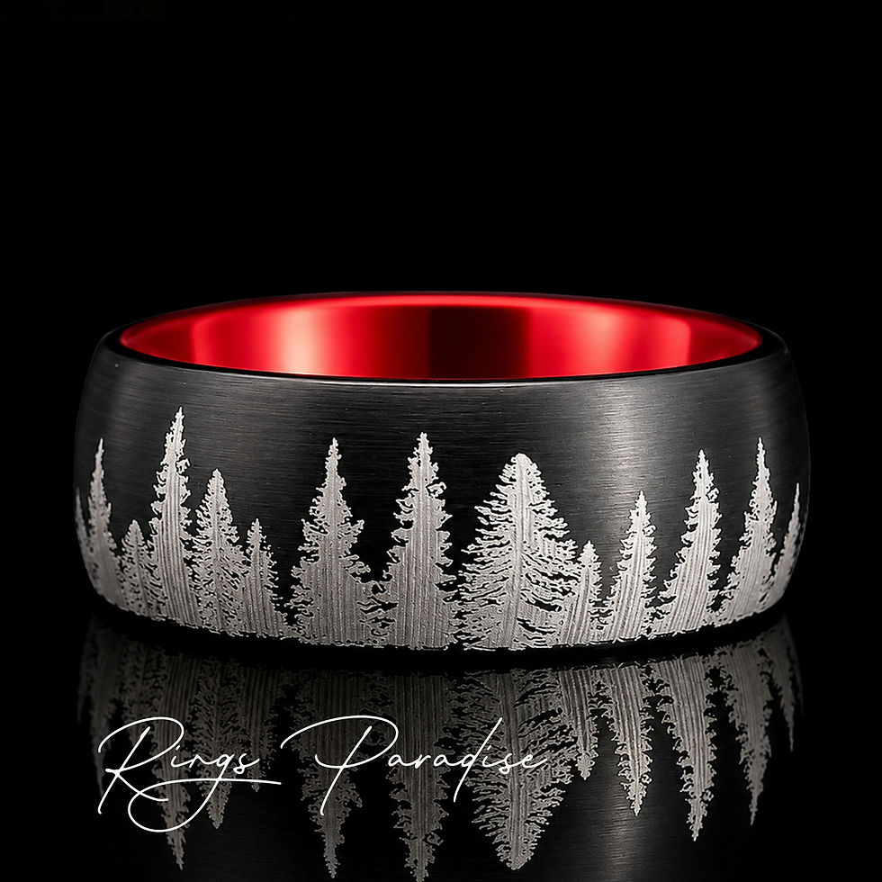 Thumbnail: black tungsten ring forest tree engraving red interior 8mm band