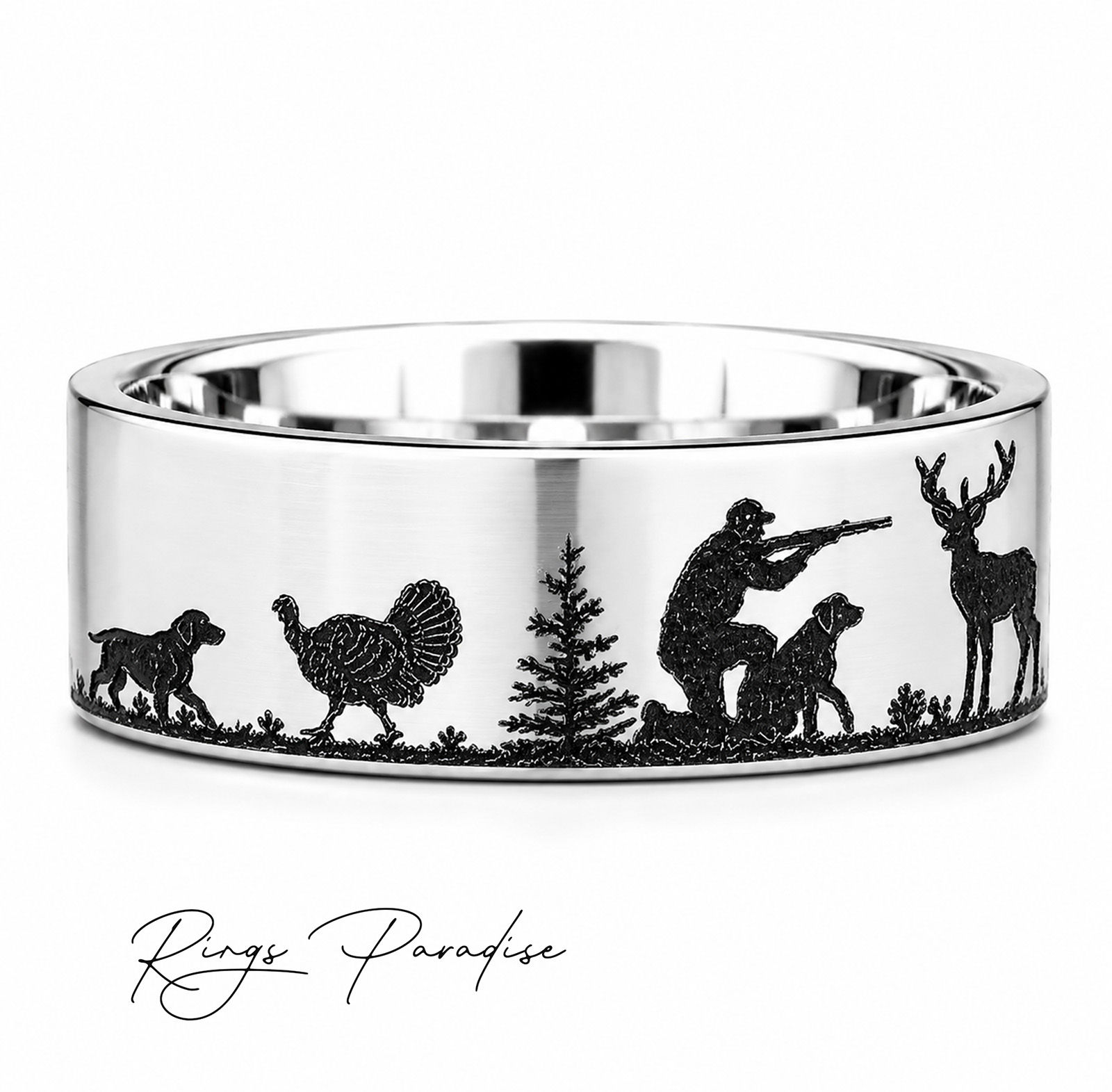 hunting scene tungsten ring with deer turkey hunter and dog 8mm