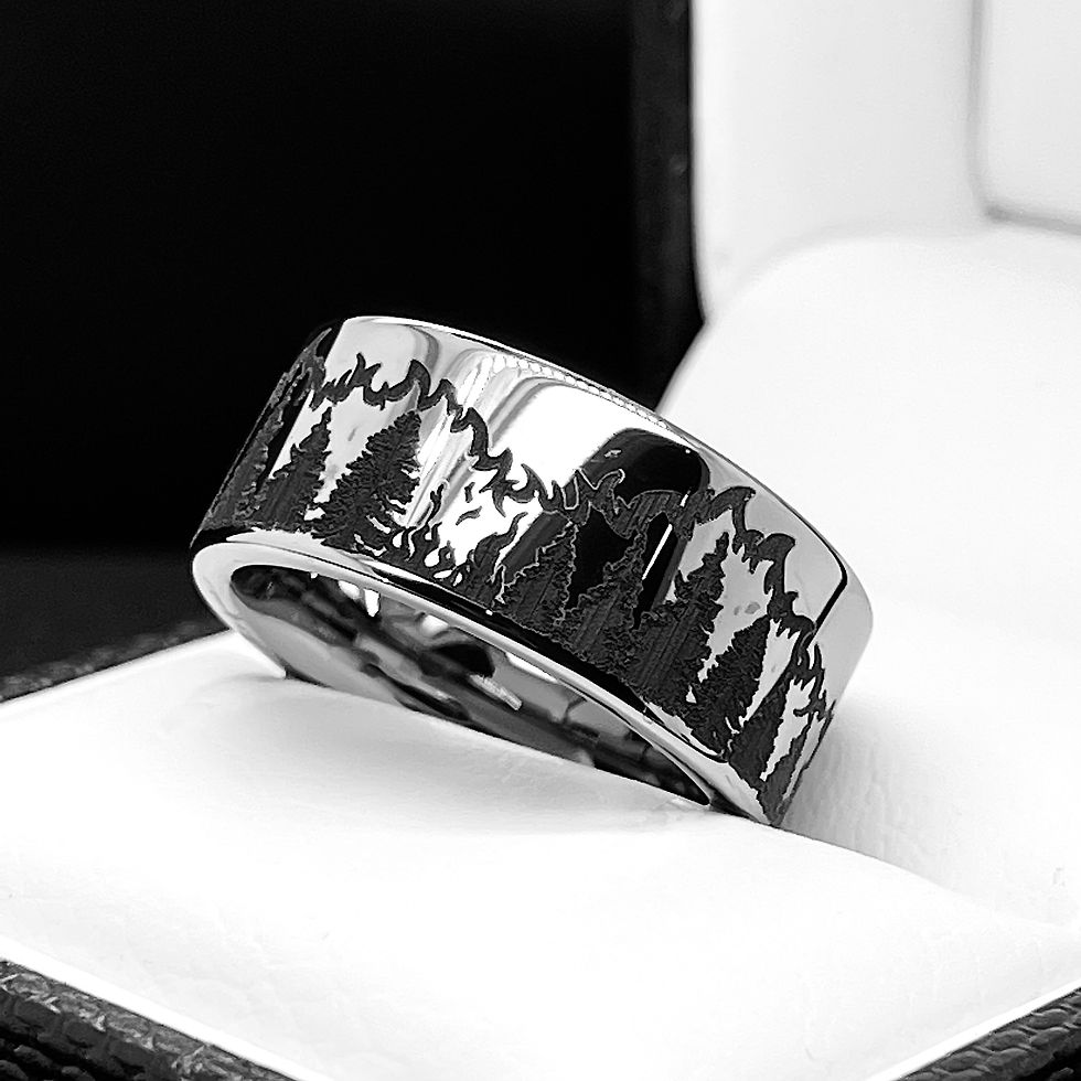 Thumbnail: Men's tungsten carbide ring with engraved fir trees in fire pattern, a firefighter-inspired wedding band or gift for husband