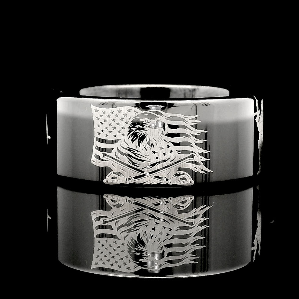Thumbnail: American Eagle Military Engraved Black Tungsten Wedding Band, 8mm 10mm 12mm Flat Polished Men’s Ring
