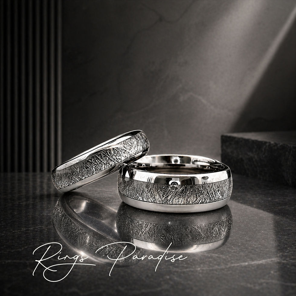 Thumbnail: silver tungsten rings set meteorite inlay his hers bands