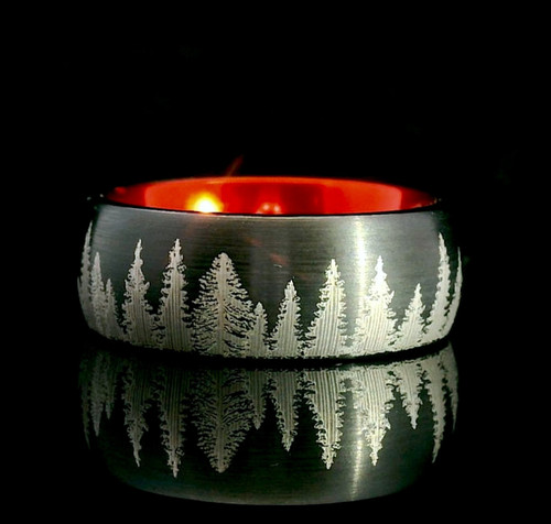Fir Forest Engraved Black Red Tungsten Wedding Band Rings Paradise