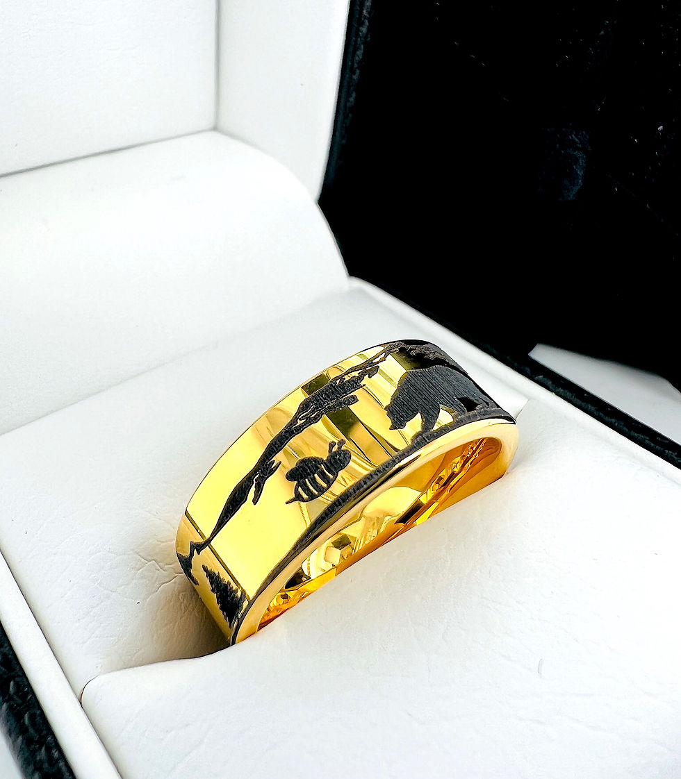 Thumbnail: Bee and Bear Engraved Yellow Gold Tungsten Carbide Ring for Men and Women