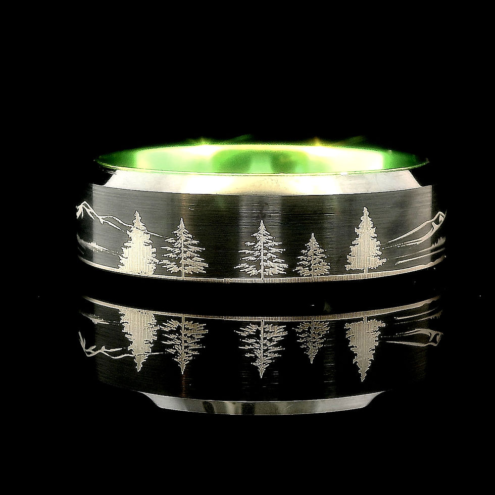 Thumbnail: Tungsten Wedding Band with Wolf Facing Fox and Mountain Forest Engraving, 8mm Comfort Fit, Men’s and Women’s Durable Tungsten