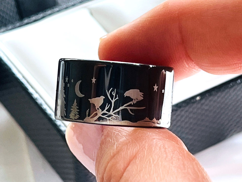 Thumbnail: 12mm  Wedding Band, Ravens on Branches Pattern Engraved Tungsten Carbide Ring