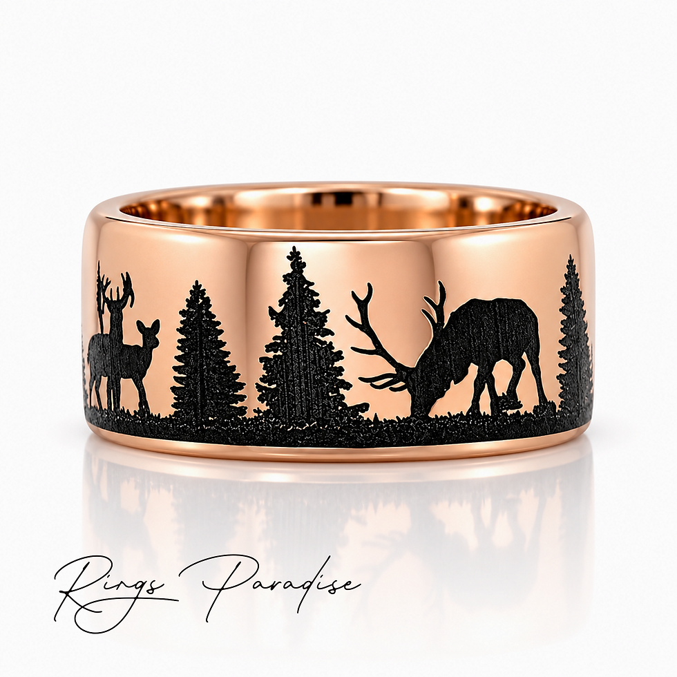 Rose gold tungsten wedding band engraved with elk and pine forest landscape in a detailed black wildlife design