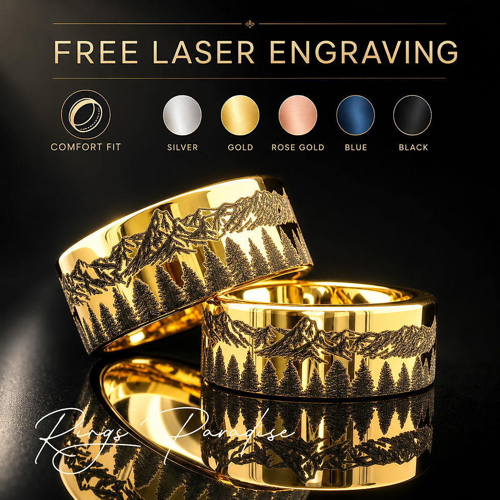 yellow gold tungsten rings set forest mountain engraving 8mm 10mm 12mm