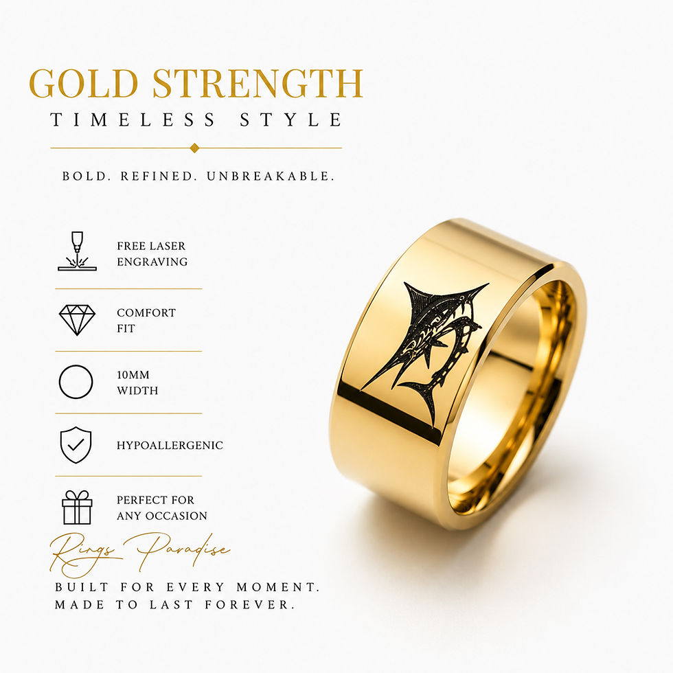 Thumbnail: Gold Wedding Band Featuring Black Marlin Engraving