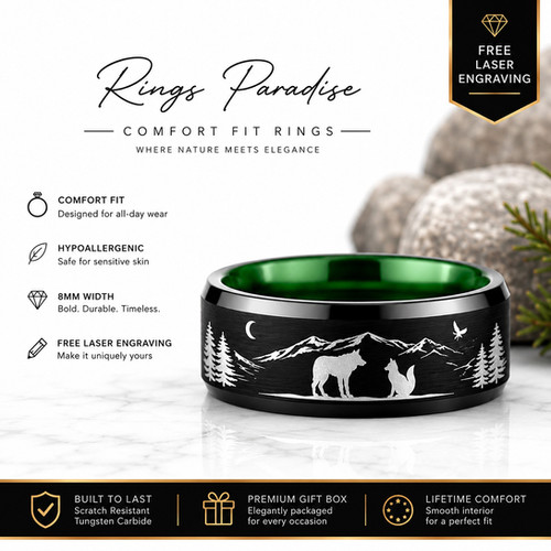 Wolf and Fox Ring With Mountain Engraving | Tungsten Band 8mmRings Wolf and Fox Ring With Mountain Engraving | Tungsten Band 8mmRings