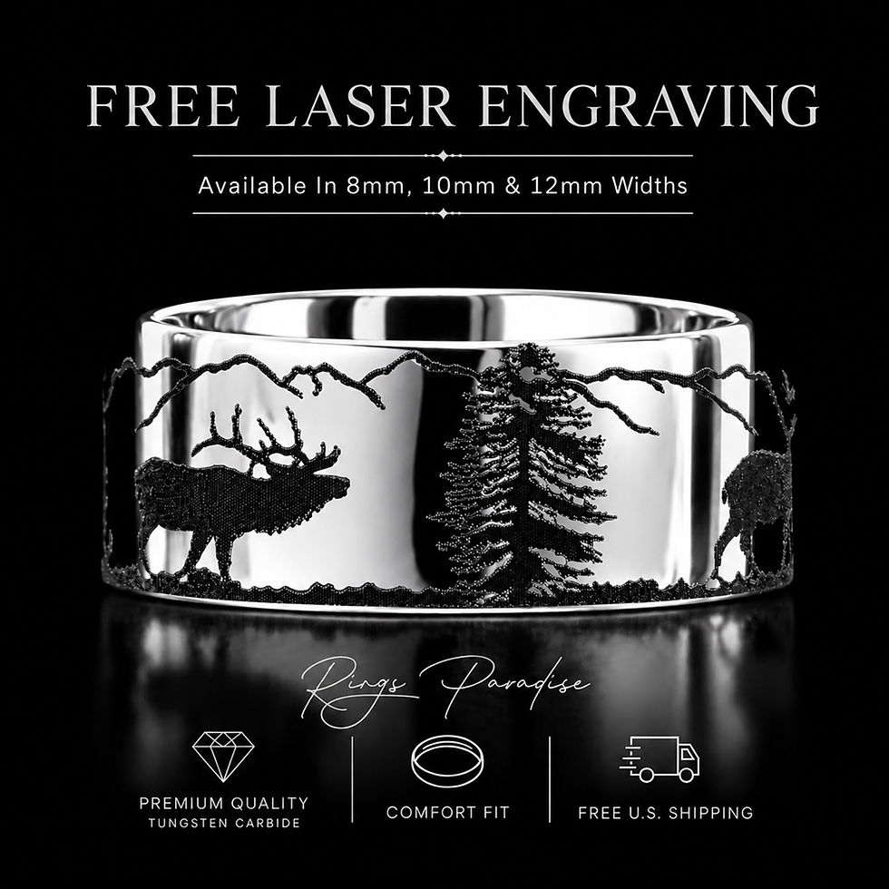 Thumbnail: elk forest ring blue tungsten wedding band mountain engraved