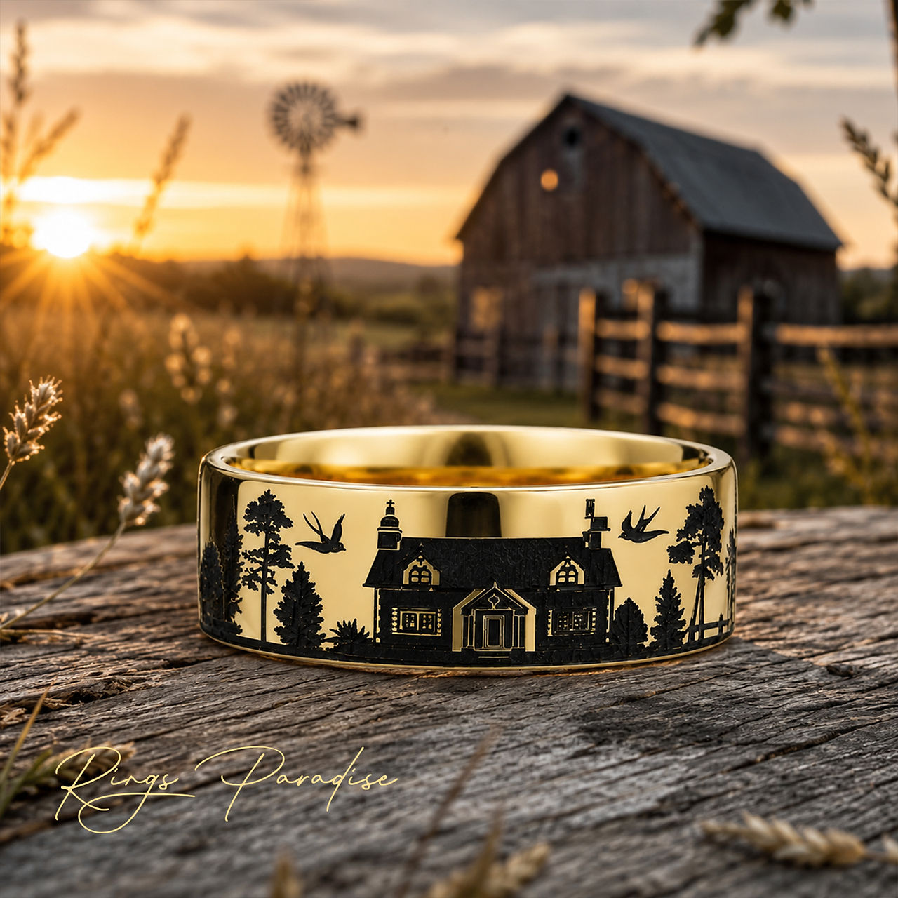 Gold Country Ring with Barn and Farm Landscape Engraving