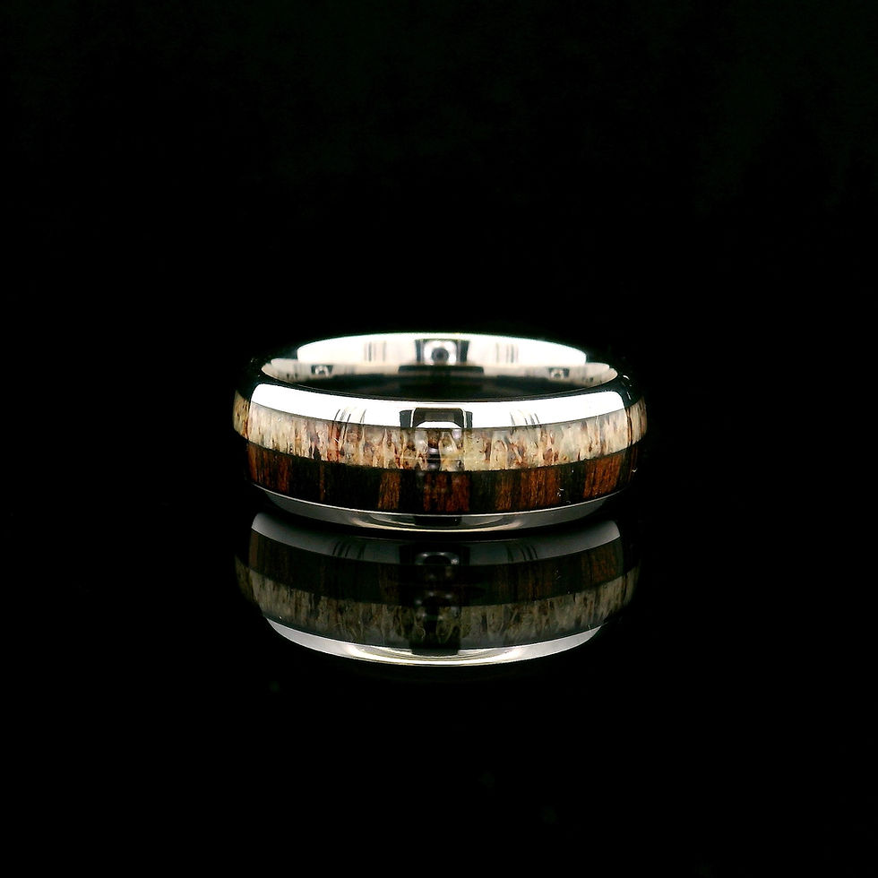 Thumbnail: Antler and Wood Tungsten Ring with Rose Gold Arrow Inlay, Unisex Comfort Fit, 8mm Wide
