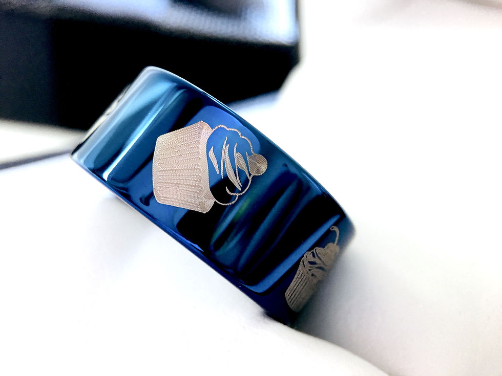 Thumbnail: Mens Wedding Bands, Women Blue Tungsten  Ring, Cupcakes Pattern Engraved Tungsten Ring, Tungsten Ring, Mens and Women Promise