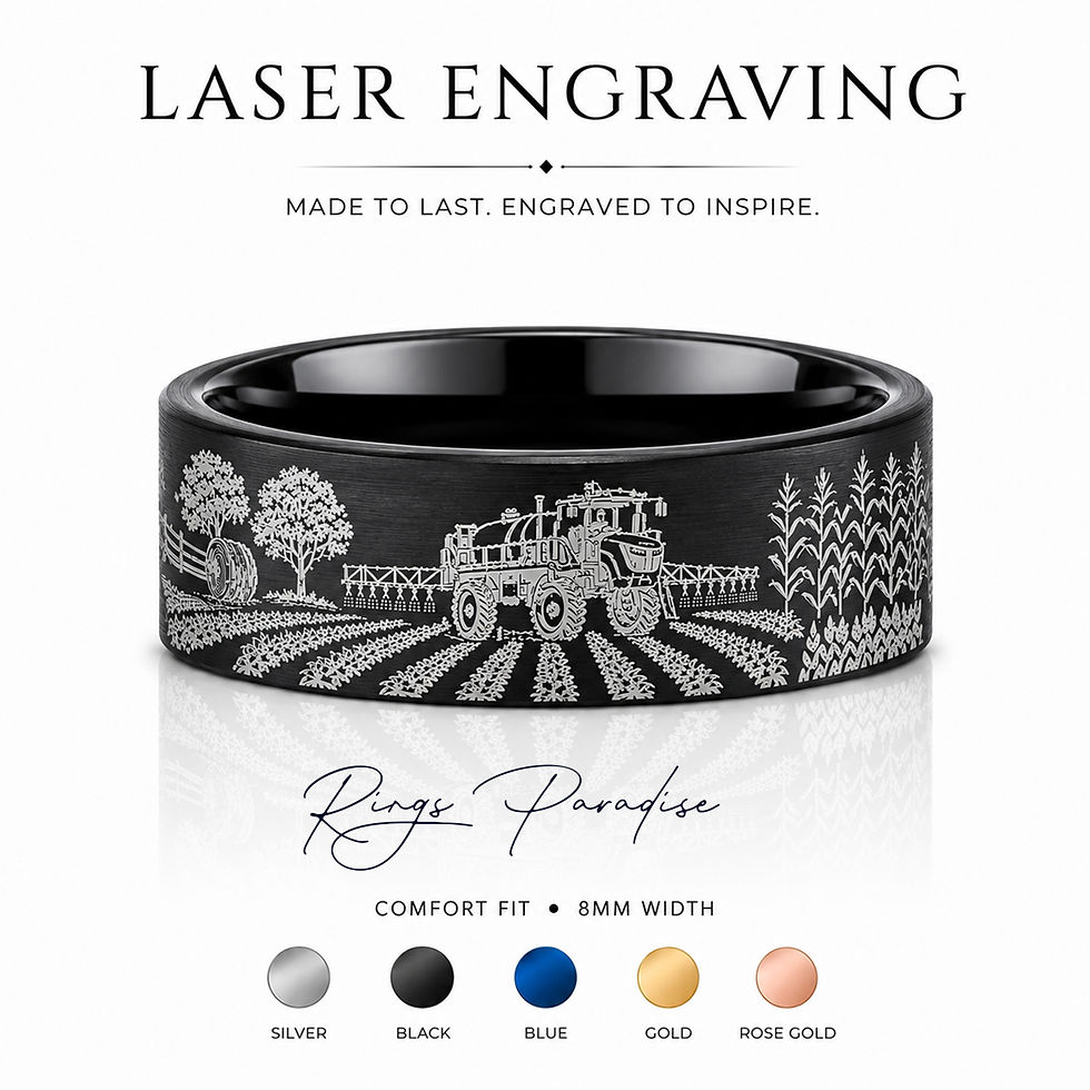 Thumbnail: Yellow gold tungsten wedding band with black farm engraving, free laser engraving, comfort fit, hypoallergenic design