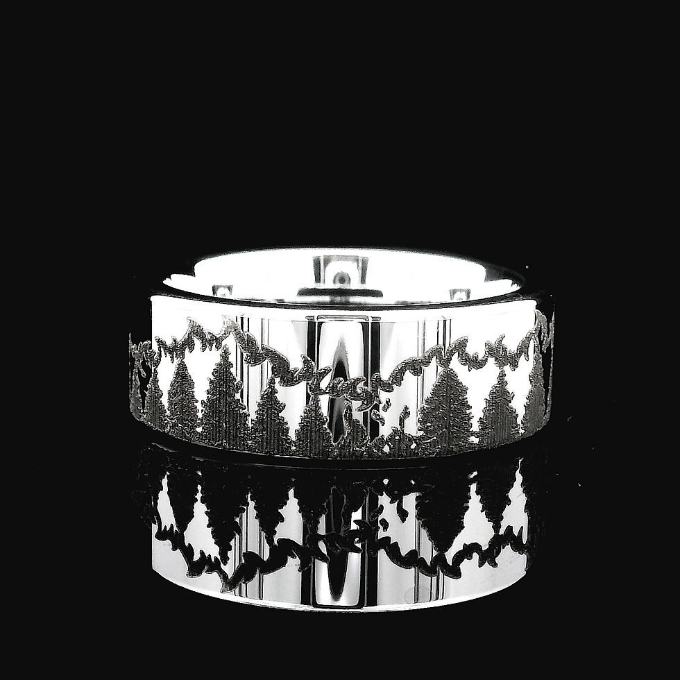 Thumbnail: Men's tungsten carbide ring with engraved fir trees in fire pattern, a firefighter-inspired wedding band or gift for husband