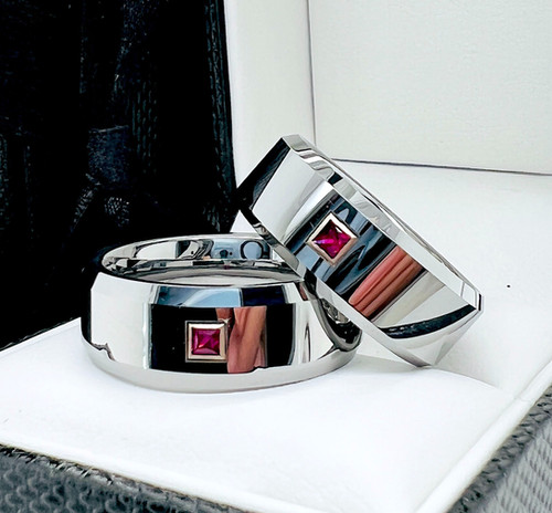 Square Ruby Mens Tungsten Ring, Men's Wedding Band - Rings Paradise