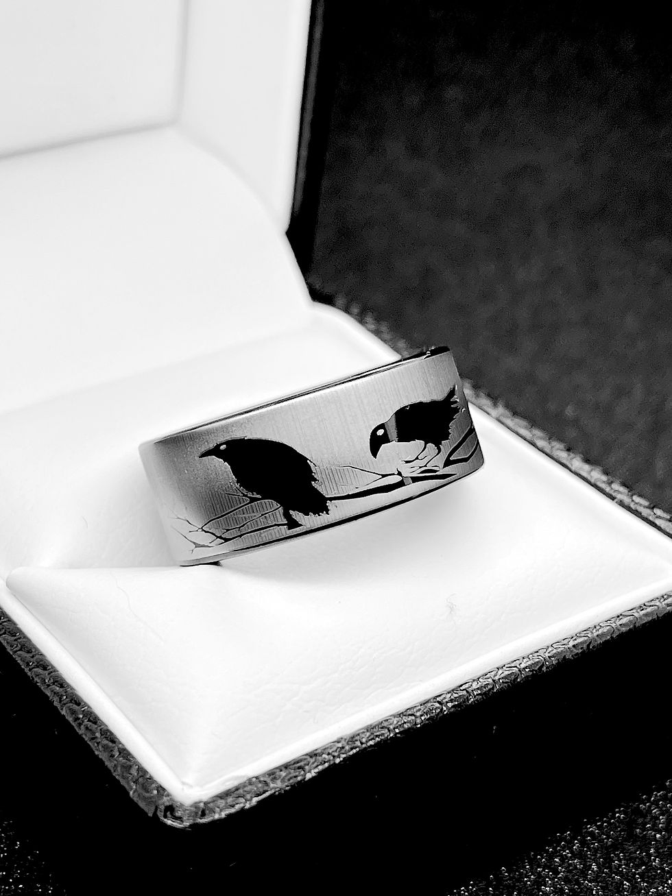 Thumbnail: Ravens on the Bushes Pattern  Engraved Black Tungsten Carbide Ring, His & Her Wedding Bands, Nature Rings, Ravens Ring
