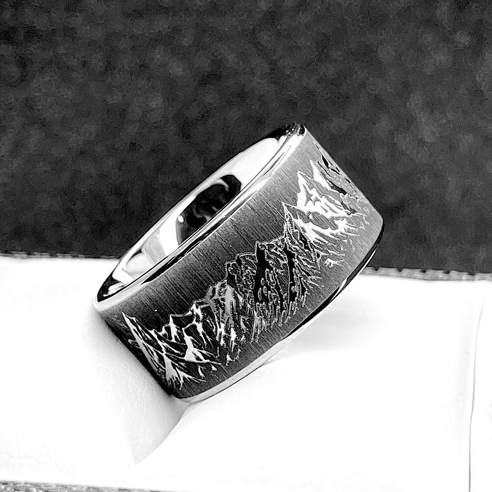 Thumbnail: Mountains Range Pattern Engraved Tungsten Ring Wedding Bands, Matching Rings Set