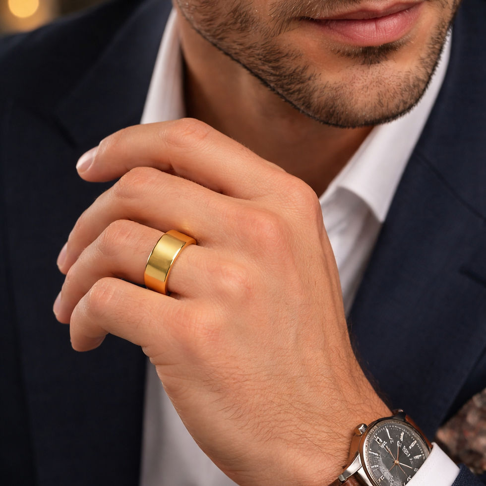 Gold tungsten wedding band with polished finish and comfort fit design