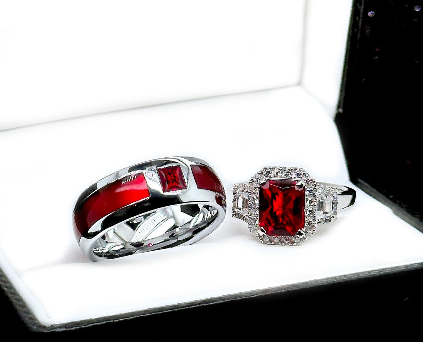 Tungsten Carbide ring and Silver Women  Engagement Ring featuring red stone inlay, his and hers wedding bands set