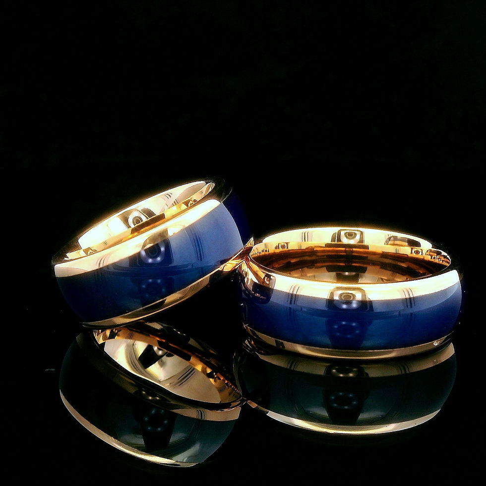 Thumbnail: Blue Agate Inlay Rose Gold Tungsten Carbide Ring for Men and Women, 8mm wedding band featuring a unique blue agate inlay.