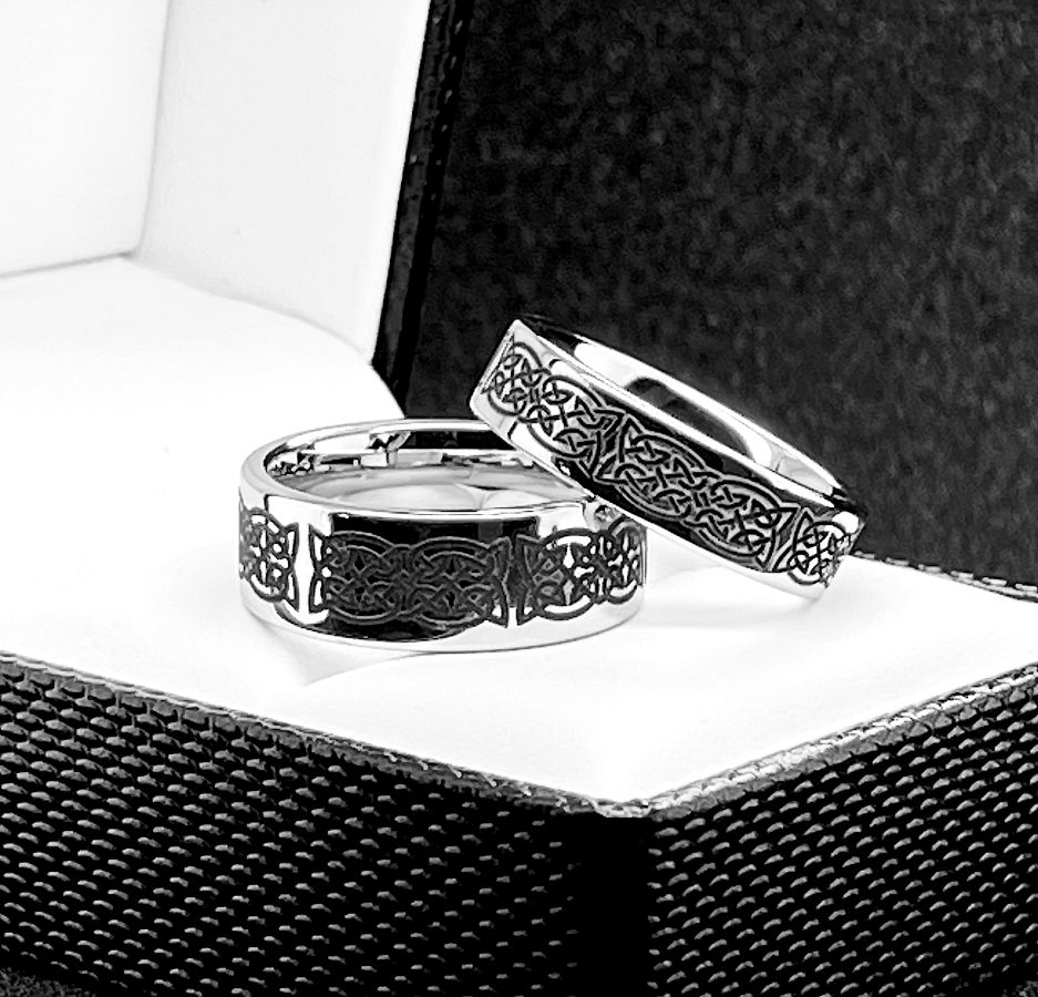 Thumbnail: matching celtic knot tungsten bands for couples in comfort fit