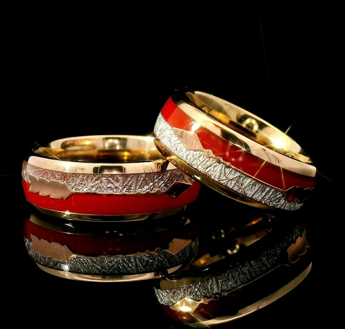 Red Agate Meteorite Rose Gold Tungsten Carbide Wedding Band with Arrow Inlay for His & Hers | 8mm Custom Engagement Ring