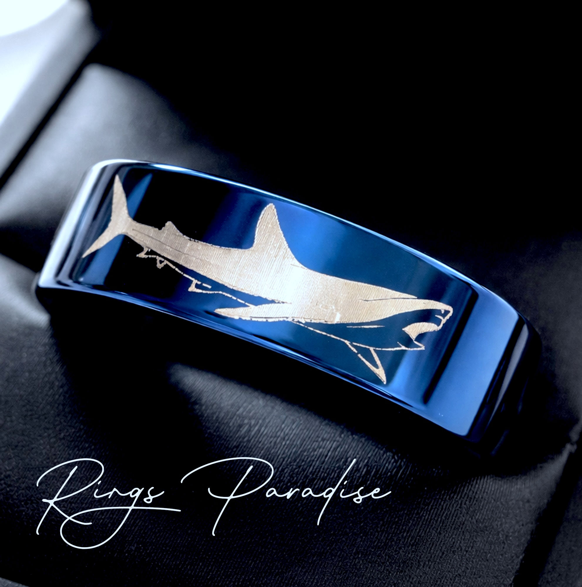 Shark Blue Tungsten Ring, Wedding Bands