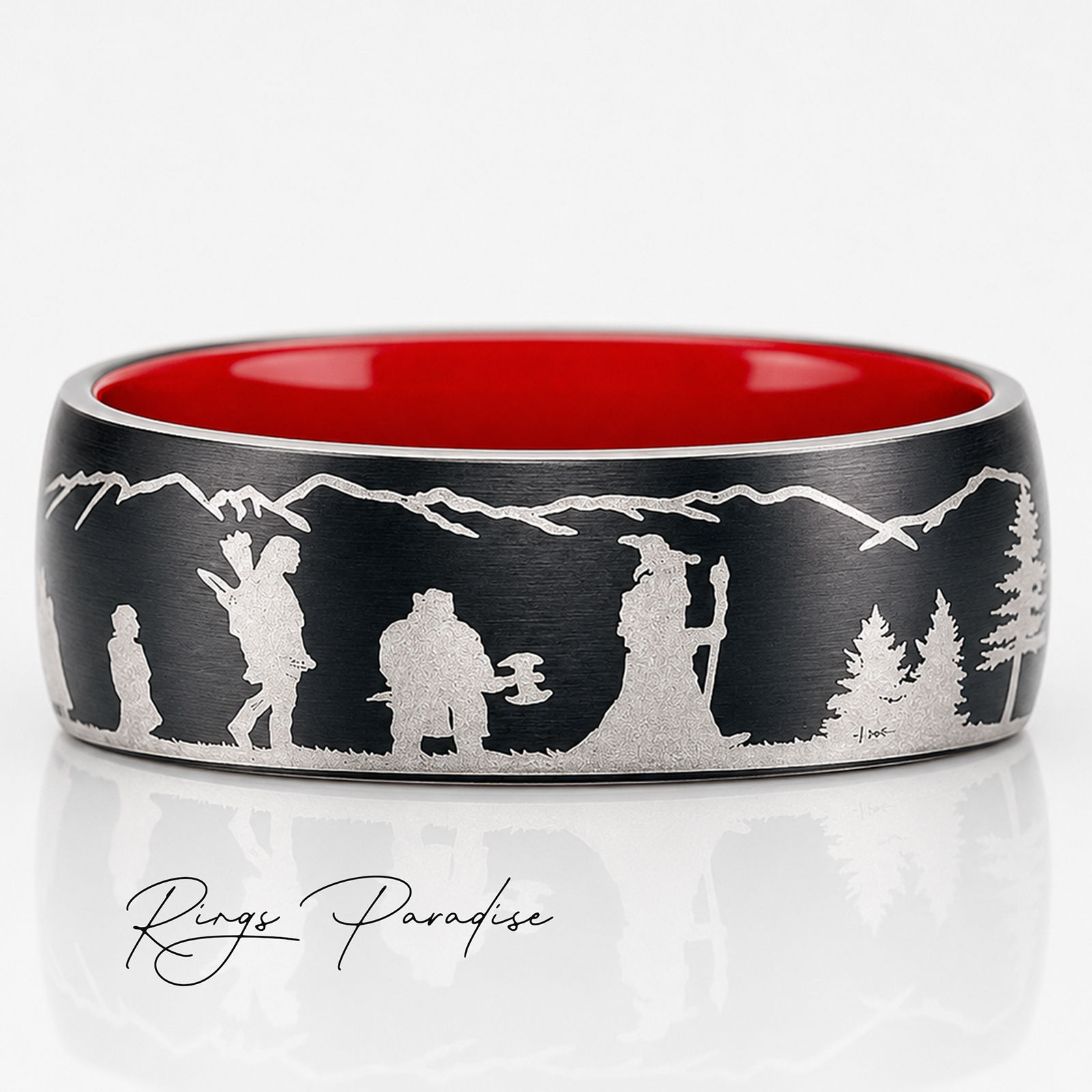 black and red tungsten carbide ring with fantasy landscape engraving 8mm black tungsten wedding band with red comfort fit int