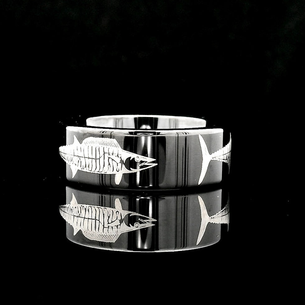 Thumbnail: Wahoo Fish Engraved Black Tungsten Carbide Ring – Fisherman Wedding Band – Ocean-Themed Jewelry