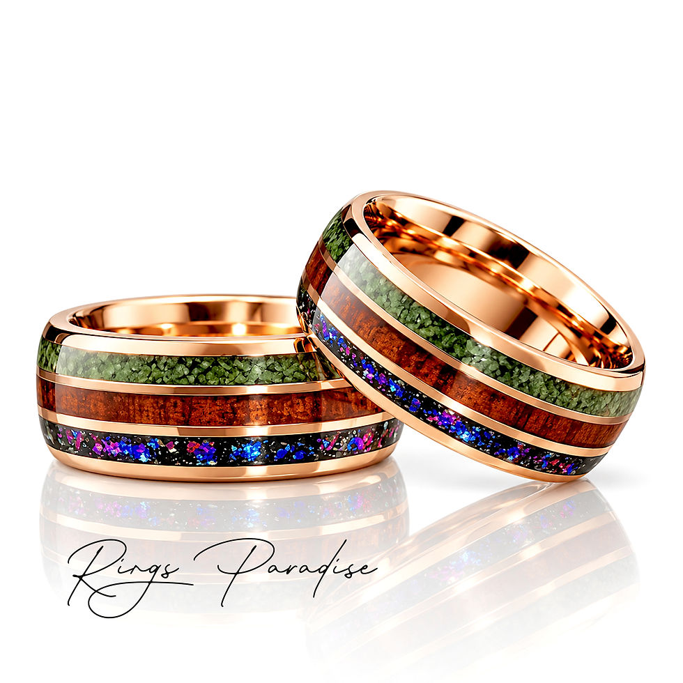 Rose gold tungsten wedding band featuring green moss, natural wood, and colorful nebula stone inlays