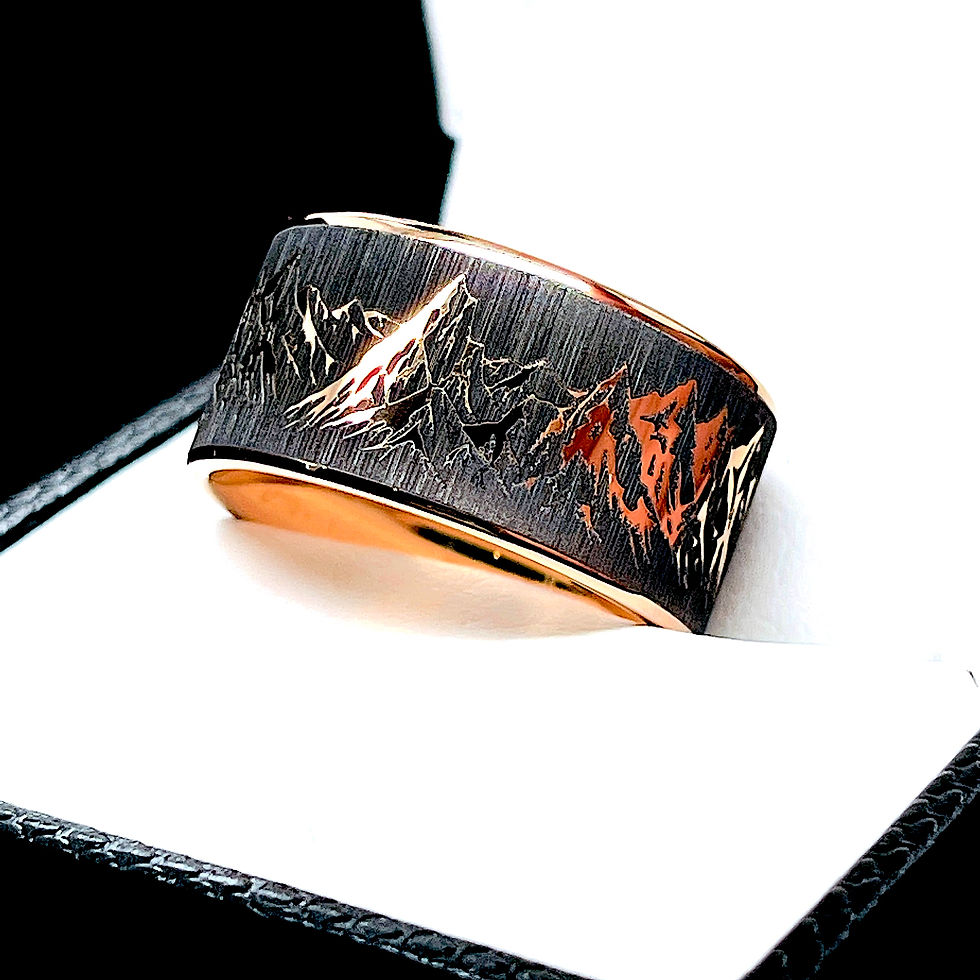 Thumbnail: Tungsten Carbide Ring Mountains Range Pattern Engraved,  Tungsten Wedding Band, Men's Tungsten Ring, Custom Engraved Wedding