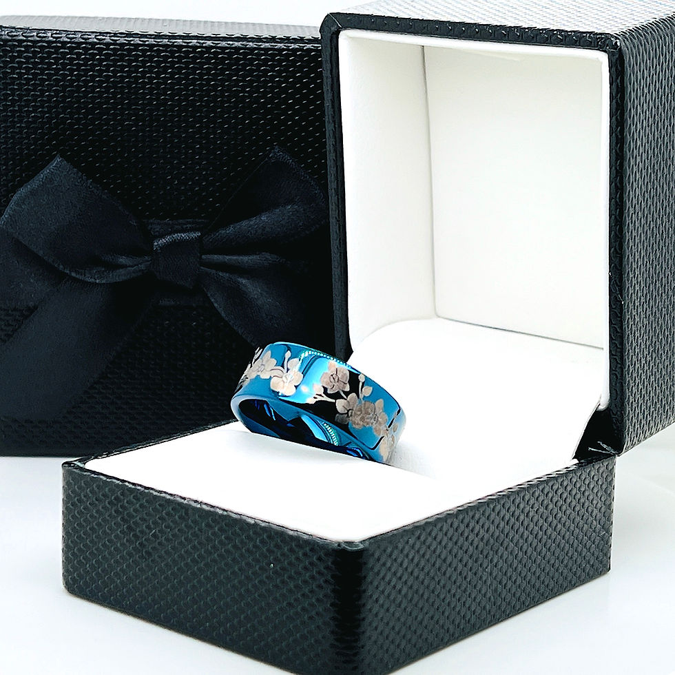 Thumbnail: Blue tungsten carbide ring engraved with orchid floral pattern, 8mm unisex comfort-fit promise or wedding band for men, women
