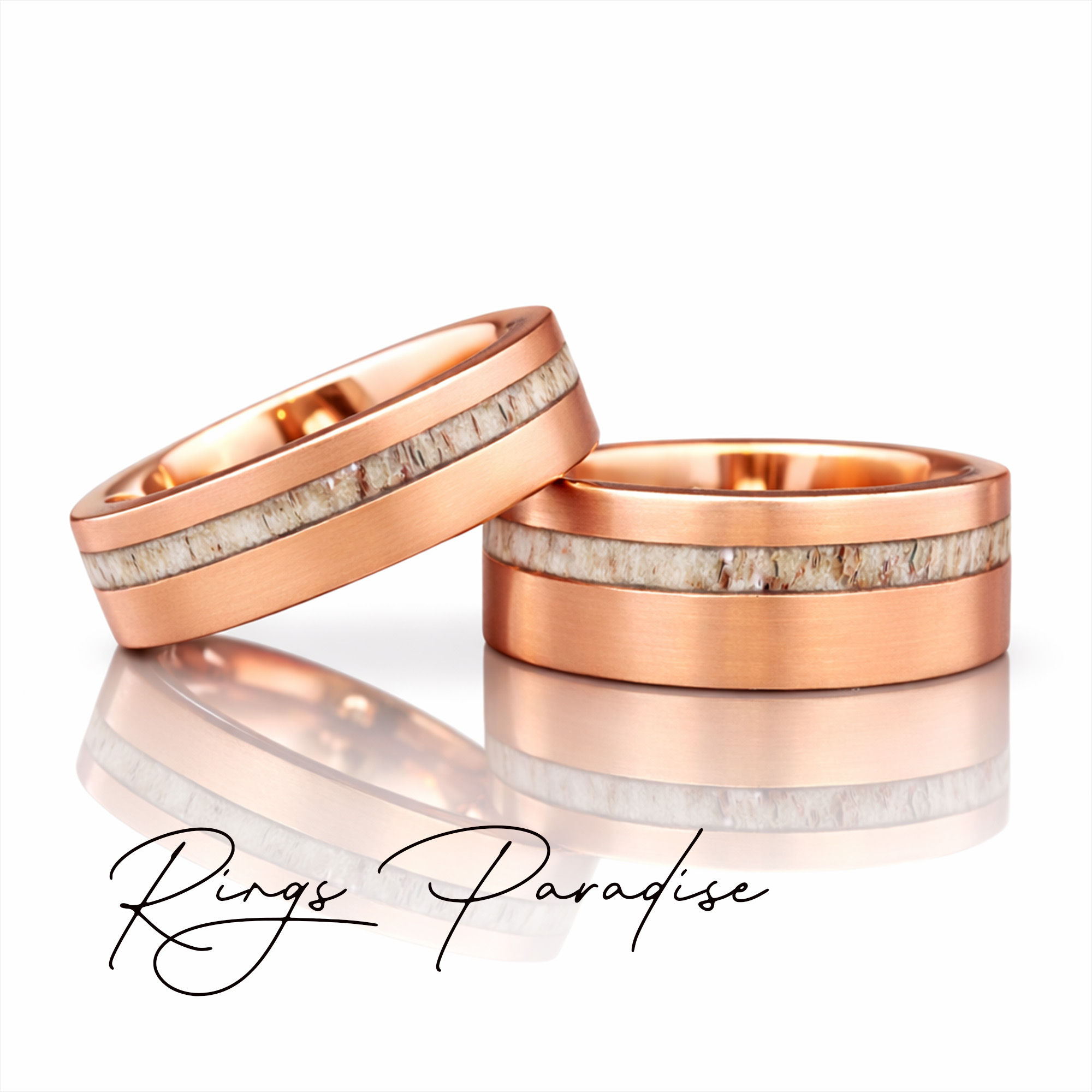 rose gold tungsten wedding band with natural deer antler inlay rustic design