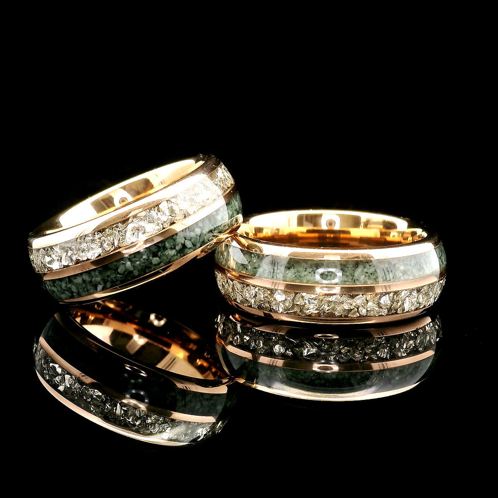 Thumbnail: Rose Gold Tungsten Ring featuring Green Agate and German Crystals | Unisex Wedding Band | Comfort Fit Engagement Ring for Men
