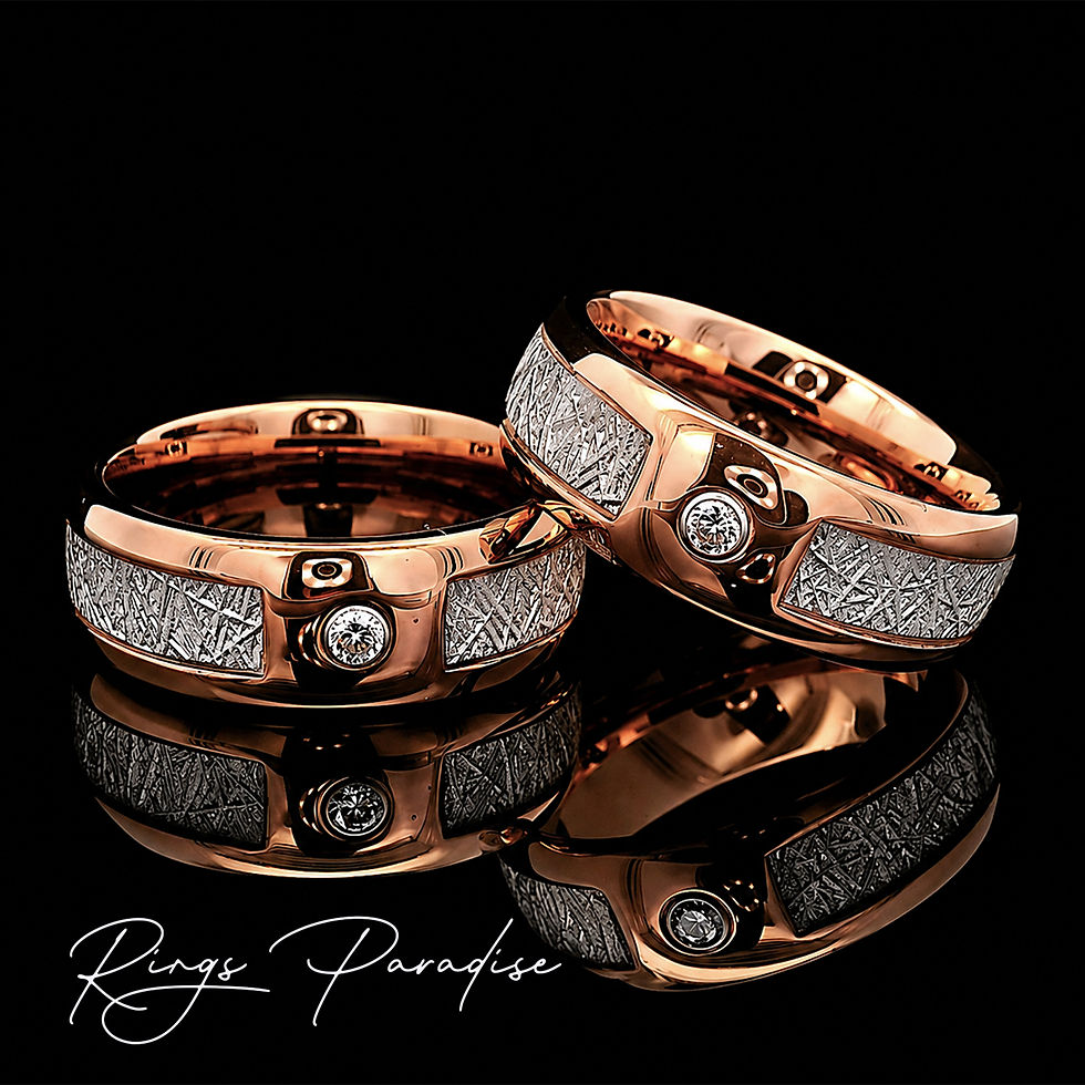 Thumbnail: rose gold tungsten ring meteorite inlay round stone 8mm band