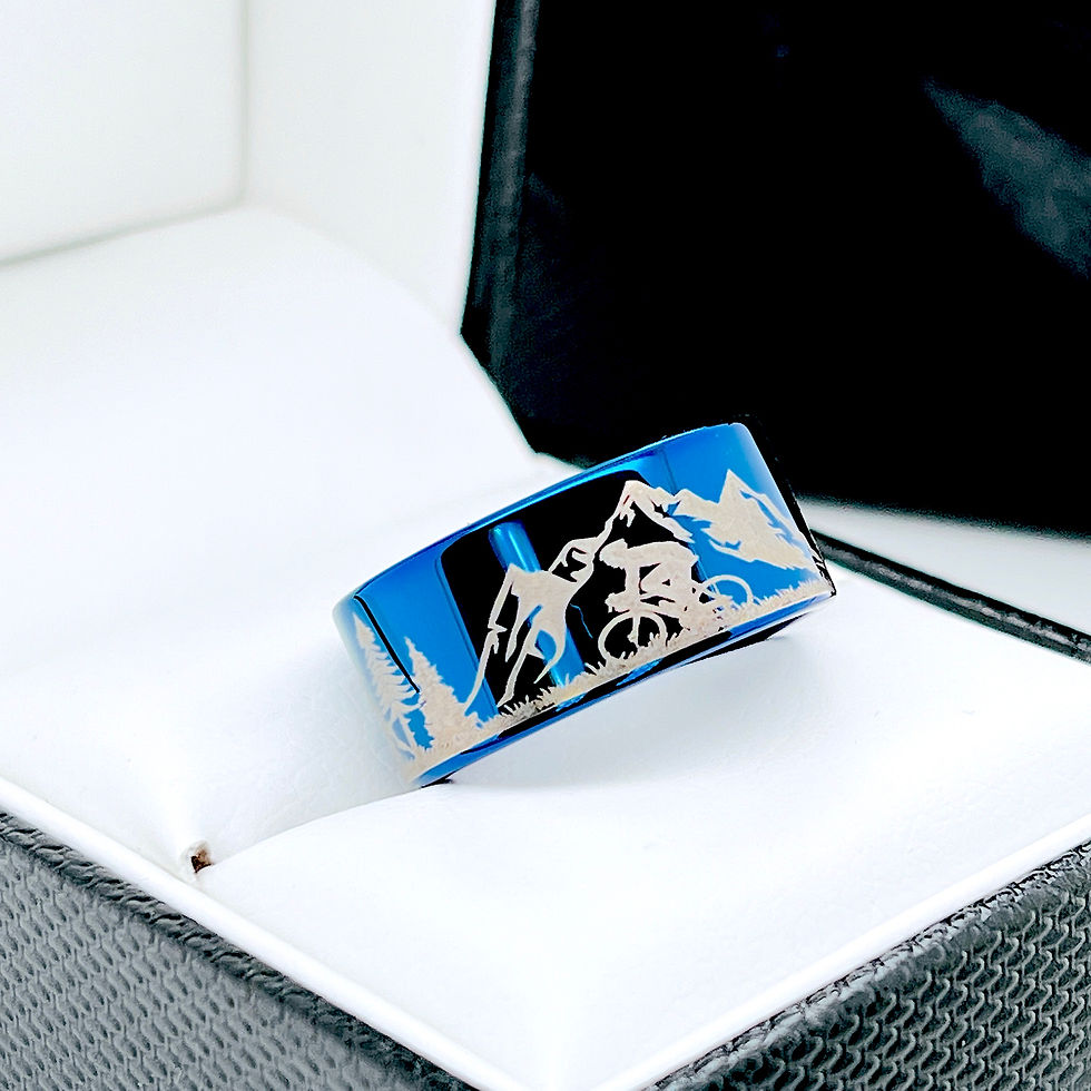 Thumbnail: Mountain Climbing Cyclists pattern engraved Tungsten Carbide Ring, Blue Ring Promise Ring His Her,  10mm