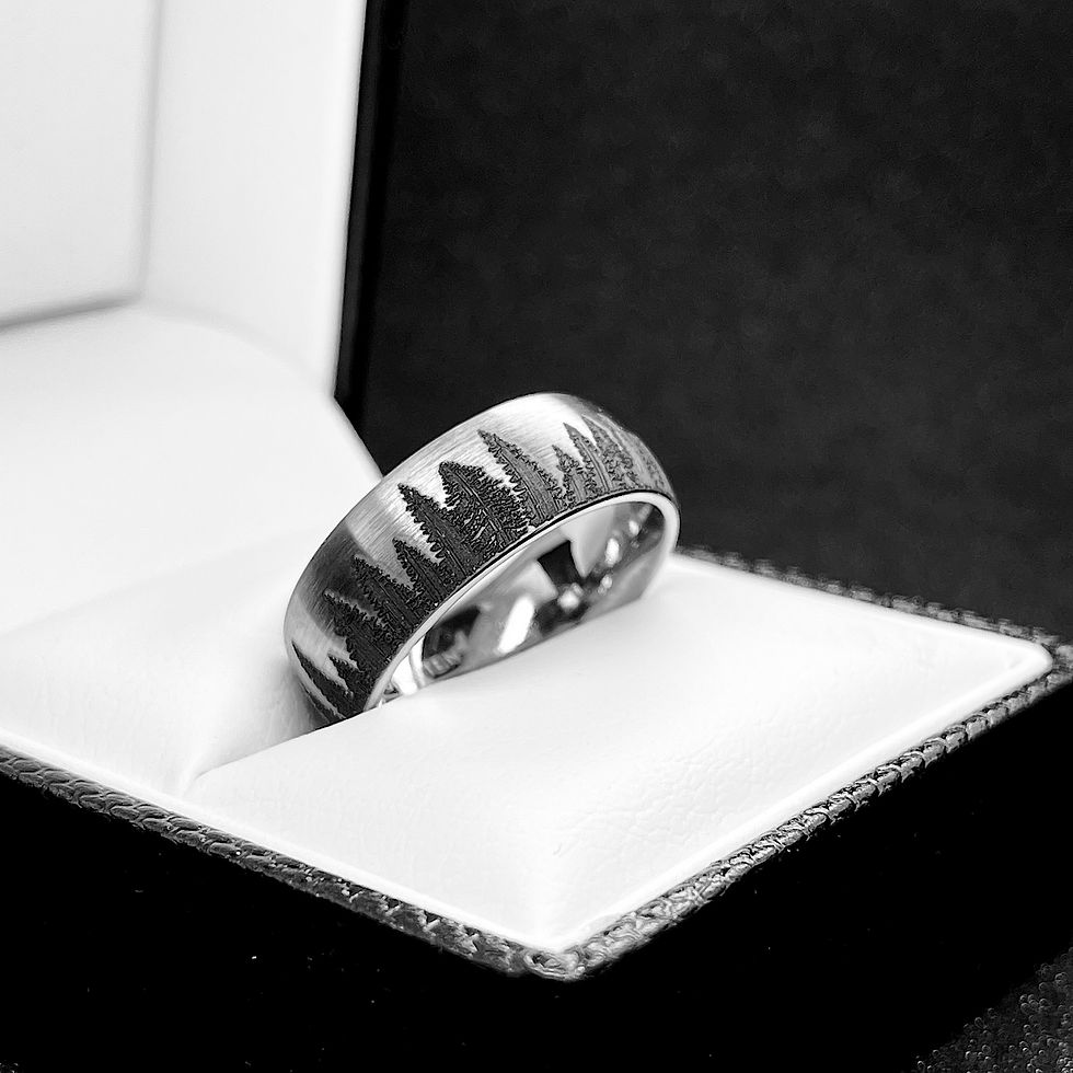 Thumbnail: Pine Trees Pattern Engraved  Brushed Tungsten Carbide Ring, Mens Women Ring 8mm