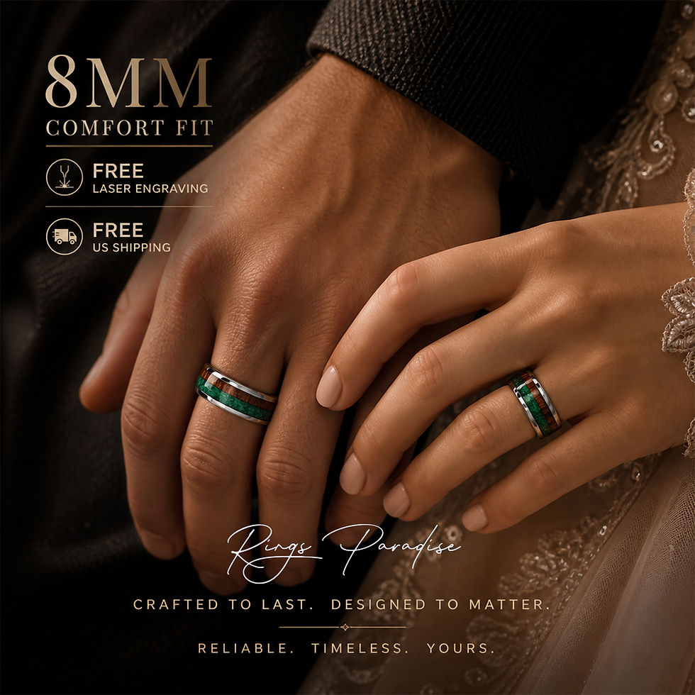 Thumbnail: silver tungsten rings set green malachite koa wood inlay 8mm his hers