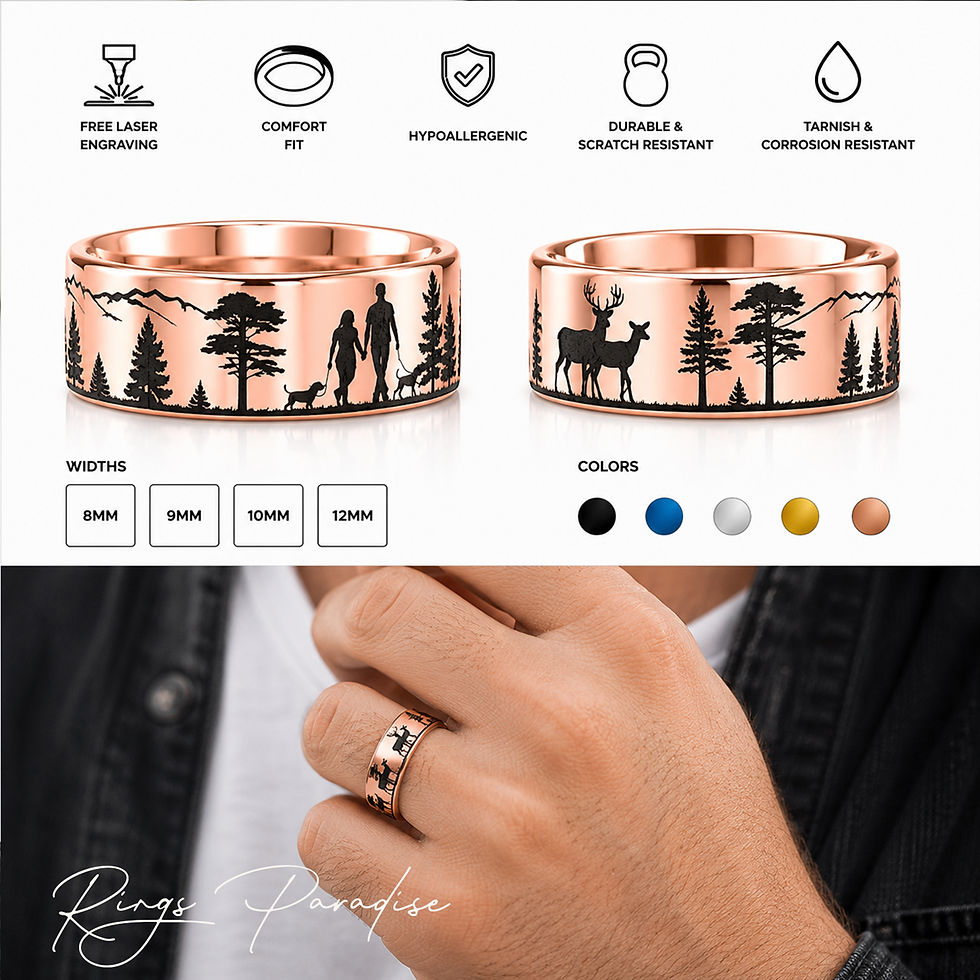 Thumbnail: man and woman walking dogs ring forest love story wedding band