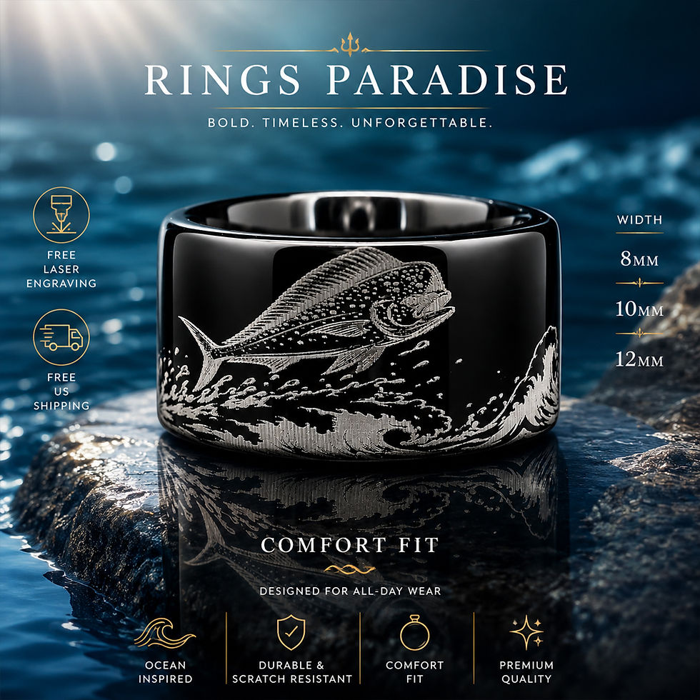 Thumbnail: mahi mahi ring black tungsten wedding band ocean wave engraving